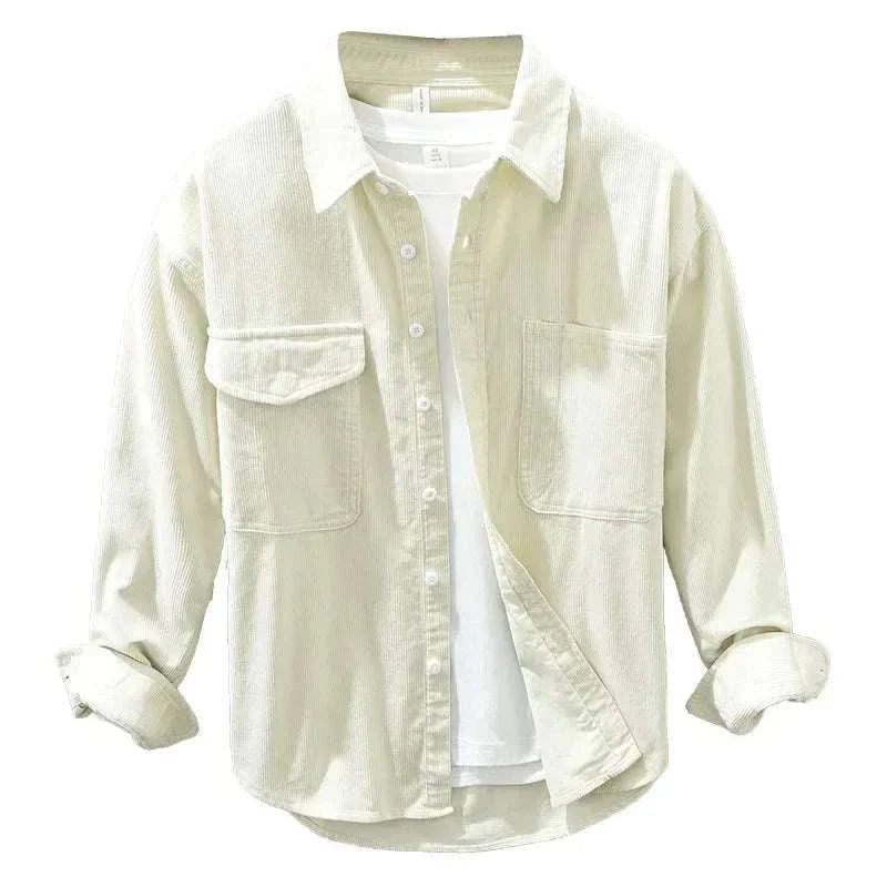 Men's cotton corduroy spring shirt, casual and elegant style, solid pattern.