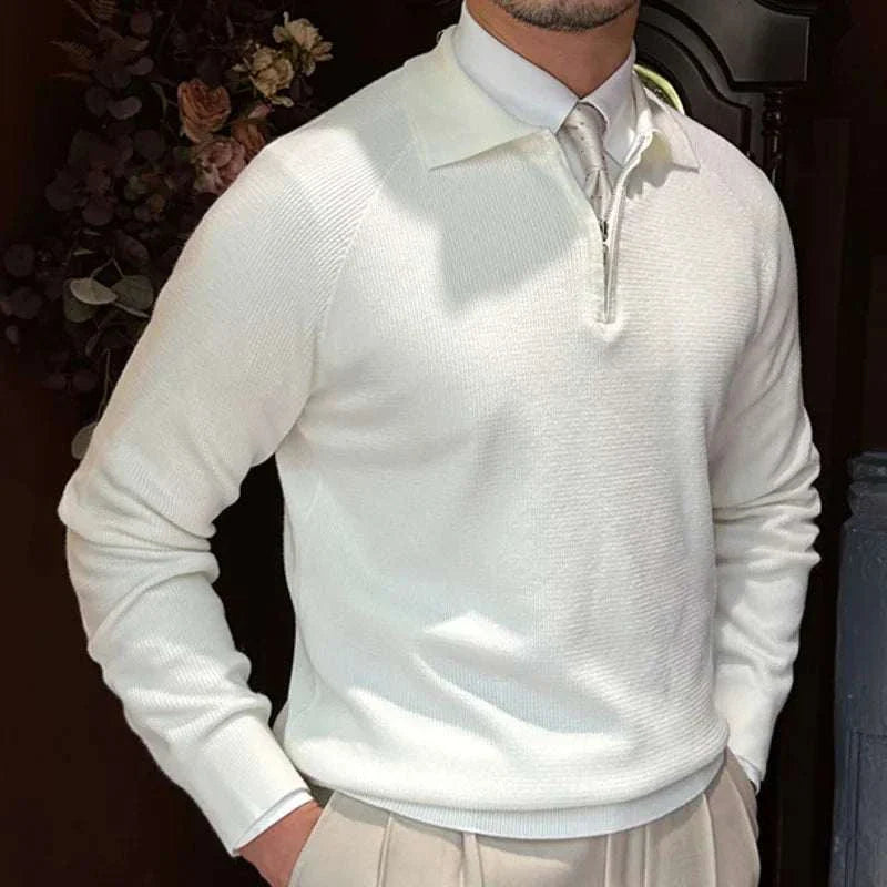 Oxford zipper sweater in white, made of premium acrylic, designed for men's casual and elegant style, suitable for all seasons.