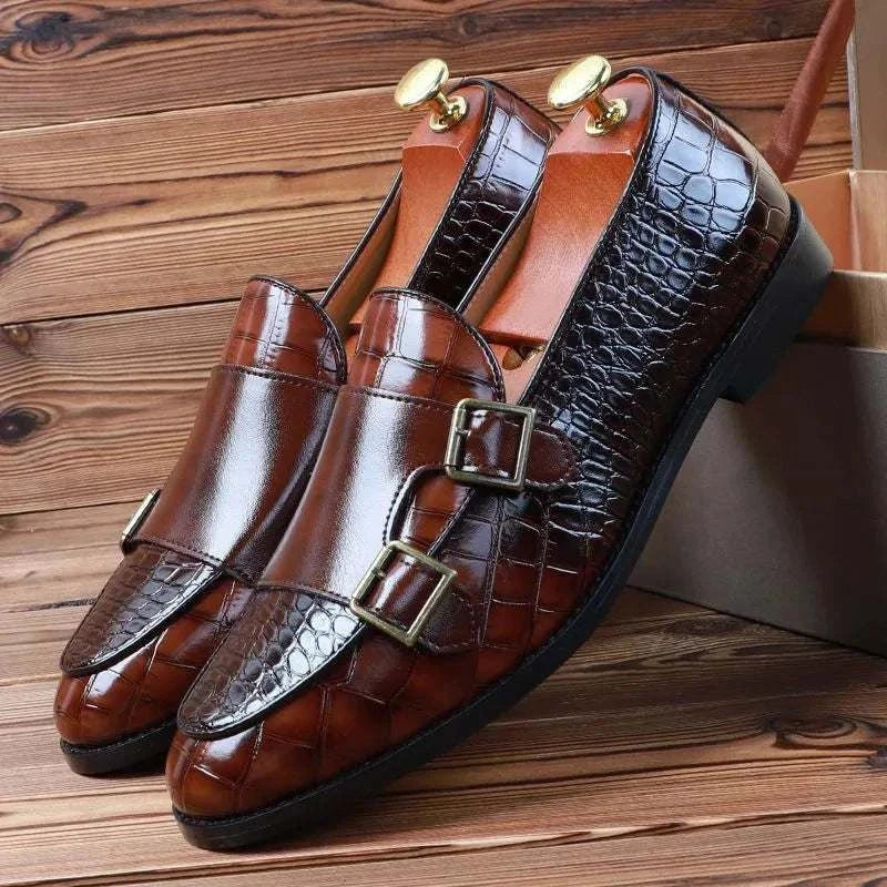 Crocodile pattern microfiber shoes with dual buckles and cushioned leather insole for men.