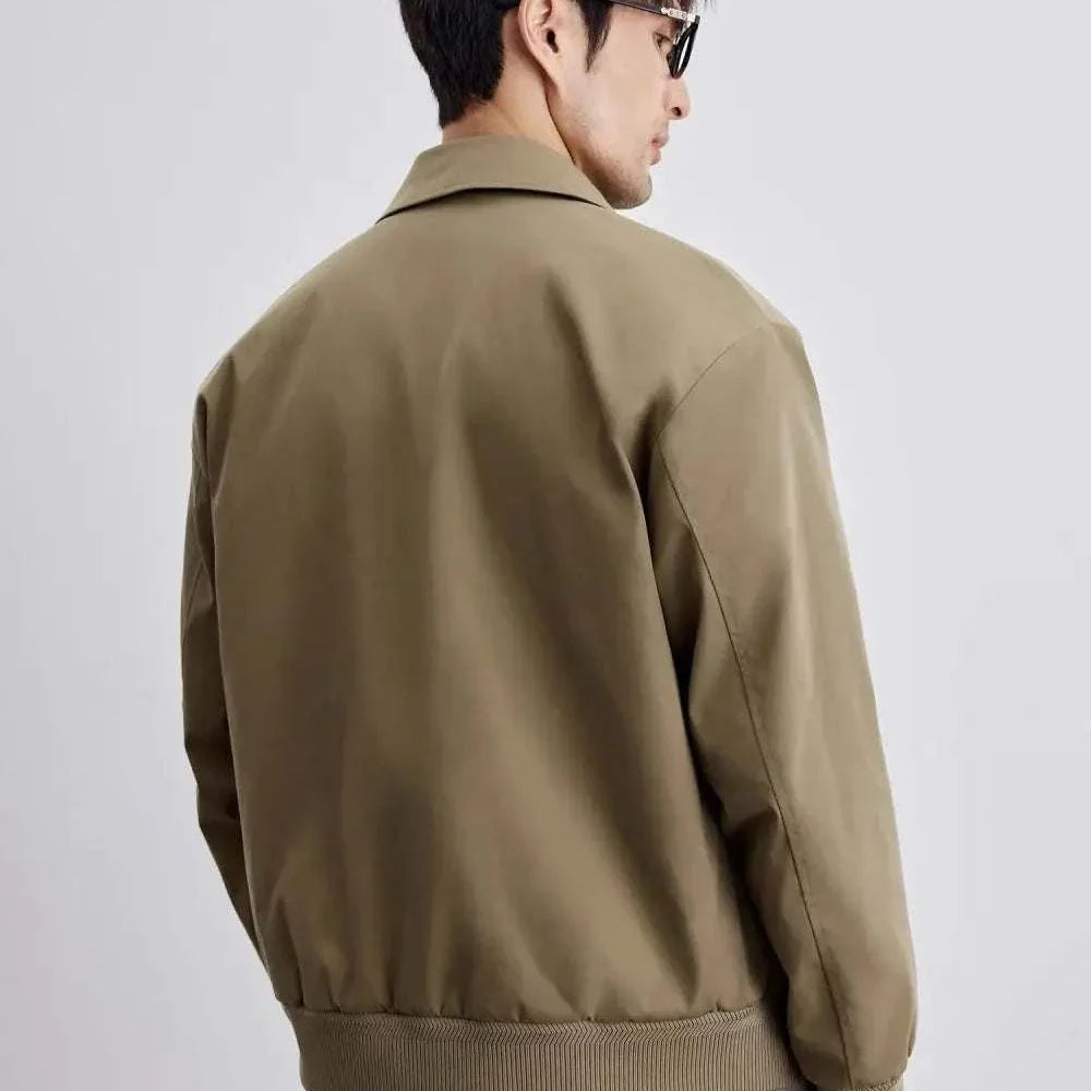 Korean bomber winter jacket in khaki, men's fashion, cotton and polyester blend.