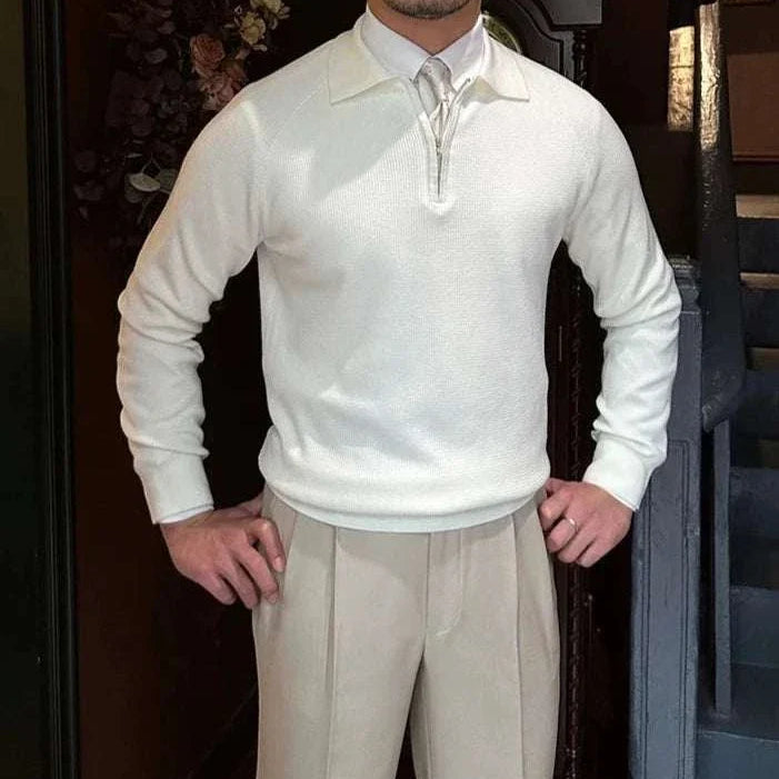 Oxford zipper sweater in white, solid pattern, premium acrylic material, men's casual and elegant style, front view.
