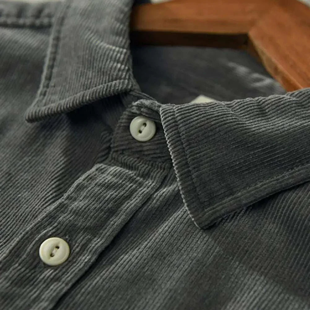 Corduroy cargo spring shirt for men, solid pattern, casual style, comfortable breathable fabric.