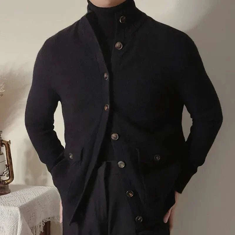 Fall/winter business casual cardigan for men in 100% acrylic, black, button-front.