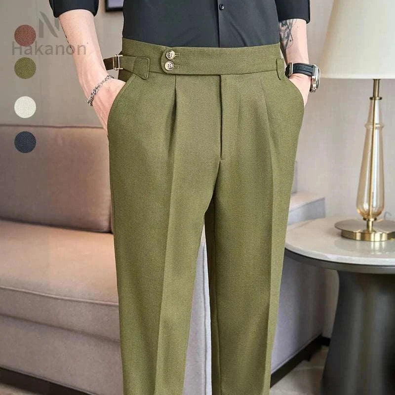 Ankle-length slim casual pants in olive green, styled with a smart buttoned design.