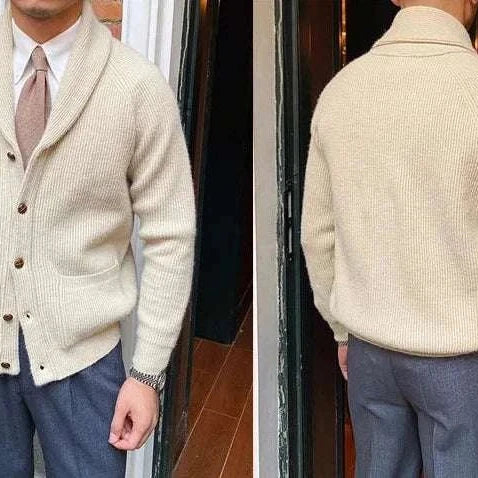 Oxford premium cardigan in beige, men's stylish and warm cardigan for autumn.