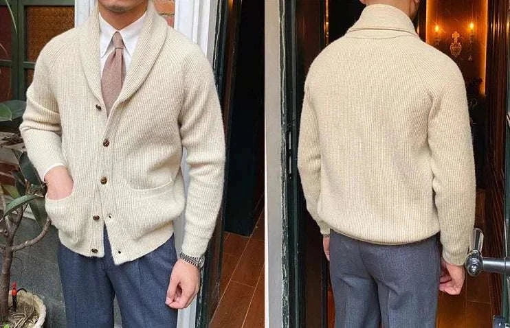 Oxford premium cardigan in beige, men's stylish and warm cardigan for autumn.