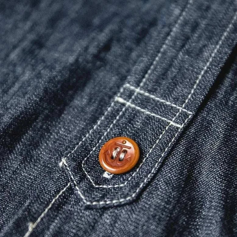 RETRO denim solid long-sleeve shirt with brown button detail.