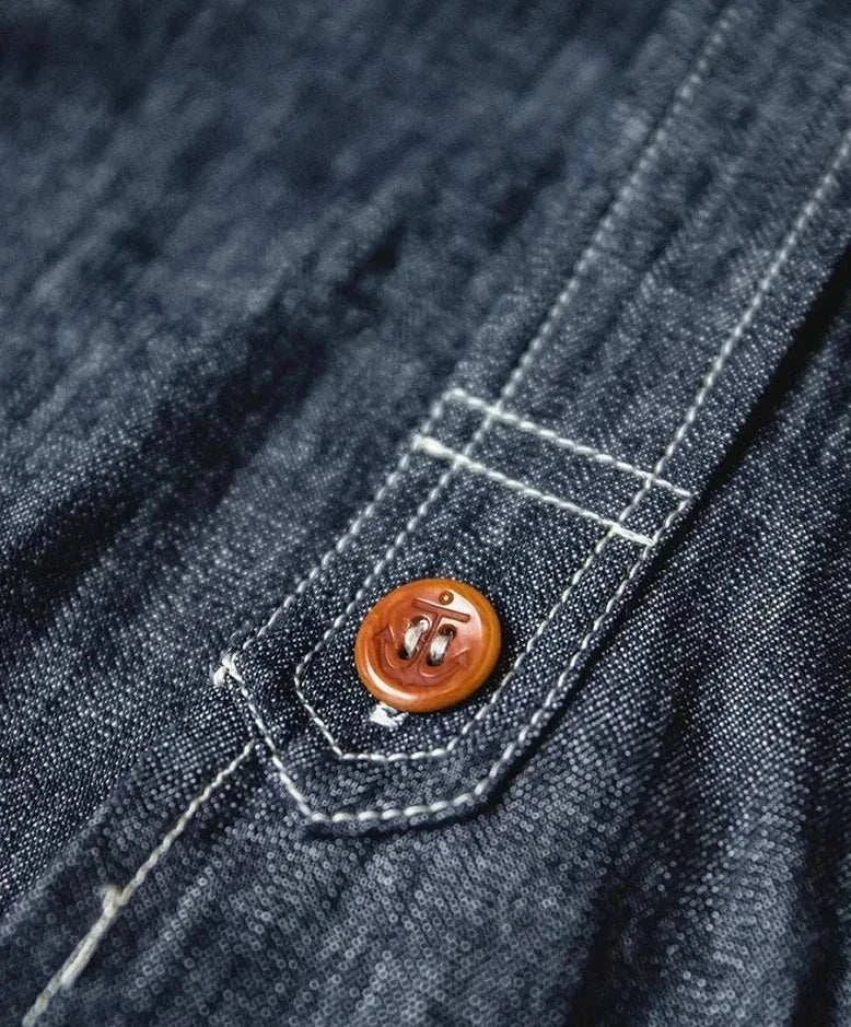 RETRO denim solid long-sleeve shirt with brown button detail.