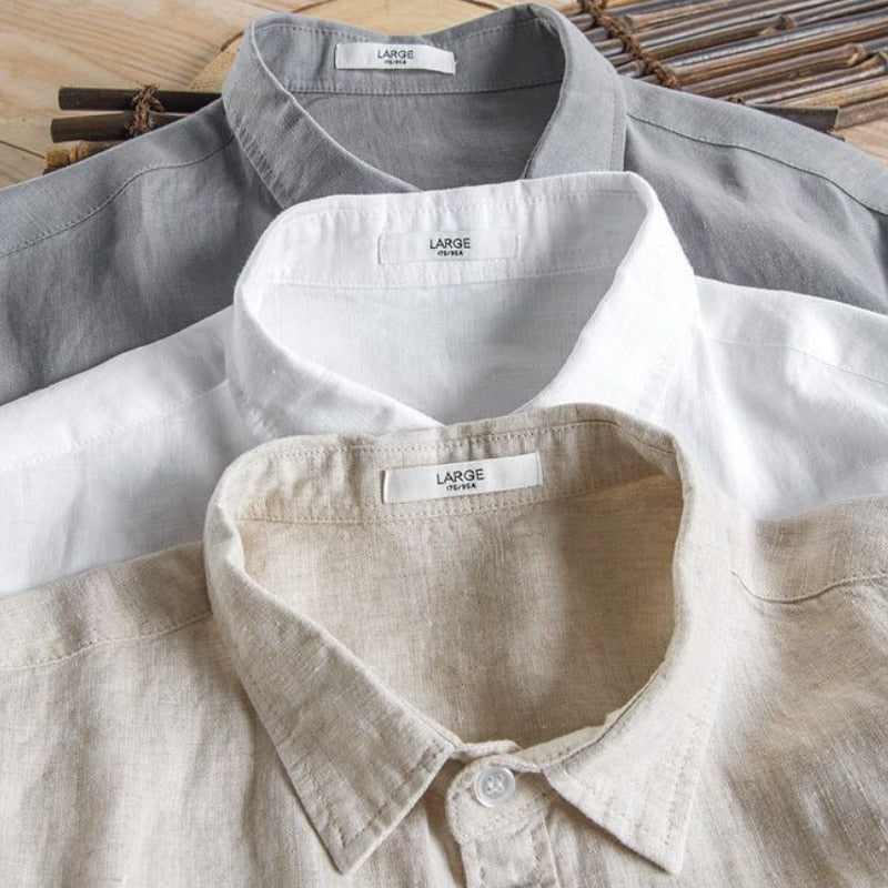 Antonios Long Sleeve Shirt Cotton in linen-cotton blend showing three color options: grey, white, and beige, highlighting casual elegance and breathability.
