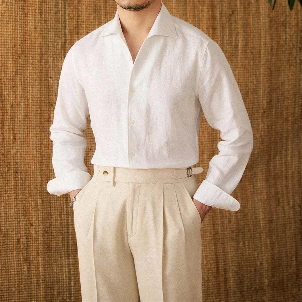 Linen elegant long sleeve shirt for men in white, ideal for casual and office wear.