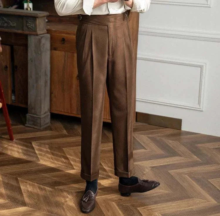 Men's cold season straight trousers, brown, solid pattern, smart casual style.
