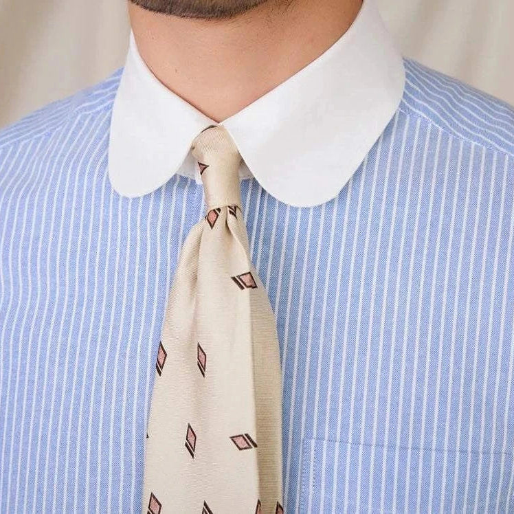 Men's luxury blue striped cotton business shirt with white collar by Antonios.