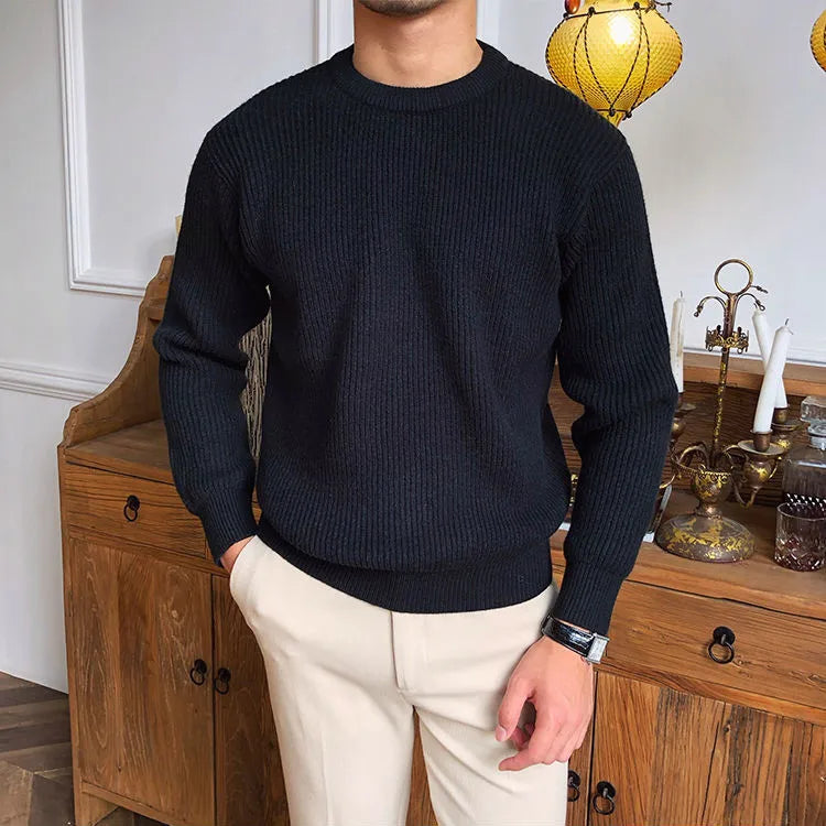 Men's black Antonios solid round neck knit sweater made from high-quality wool.