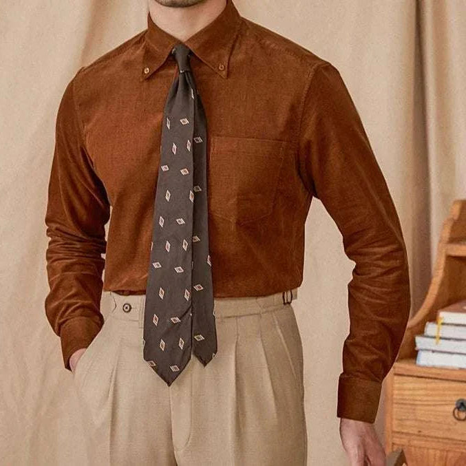 Autumn vintage corduroy shirt in brown cotton fabric for men.