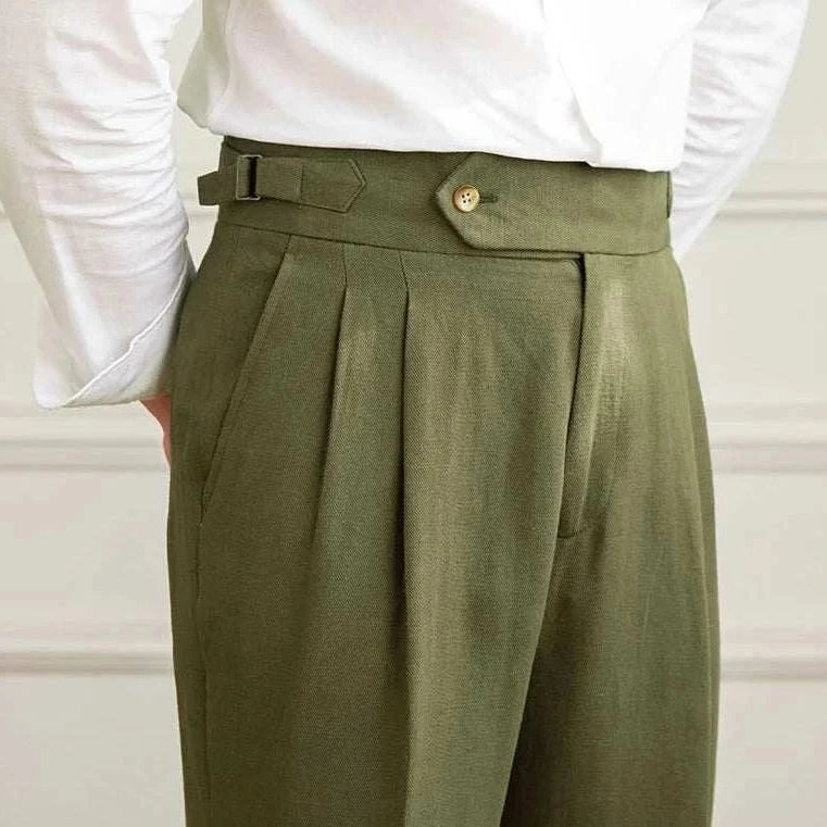 Antonios Naples cotton-linen pants, olive green, smart casual style, lightweight summer wear.