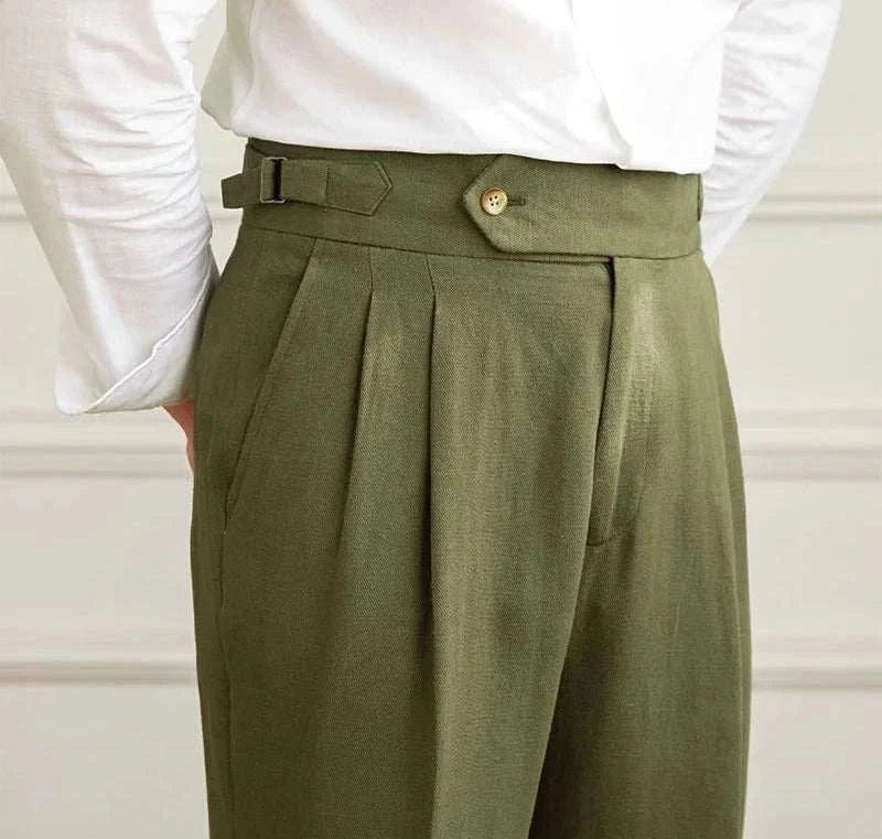 Antonios Naples cotton-linen pants, olive green, smart casual style, lightweight summer wear.
