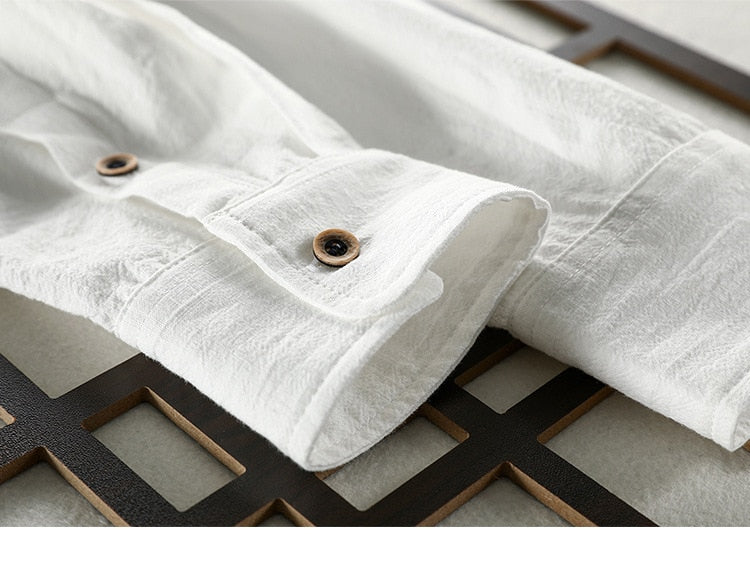 Maurice Solid Shirt sleeve detail showing cotton-linen fabric and button.