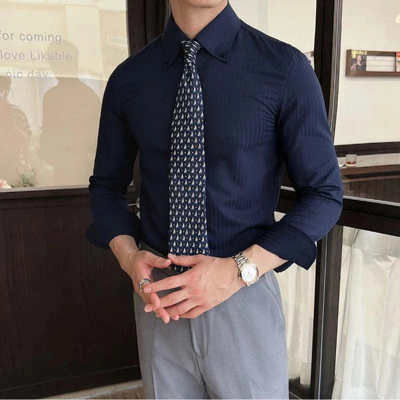 Business casual slim fit shirt for men in solid navy, ideal for spring and summer.