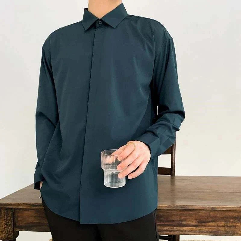 Business loose long-sleeve shirt in dark solid color, ideal for spring and summer.