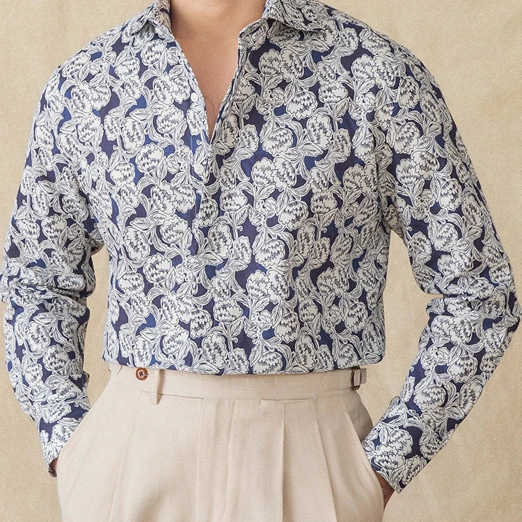 Vintage cotton linen Japanese trend shirt with floral pattern, breathable casual wear for men.