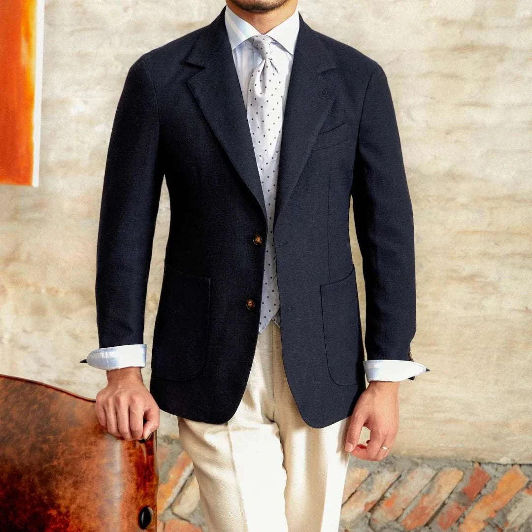 Slim fit cotton-linen blend jacket for men, stylish and breathable design.