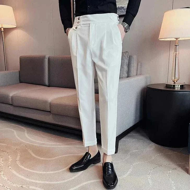 Slim fit suit elegant pants for men in white, styled for a polished look.