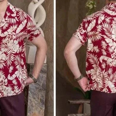Men's vintage Hawaiian flower shirt, casual style, breathable polyester fabric, red and white floral print.