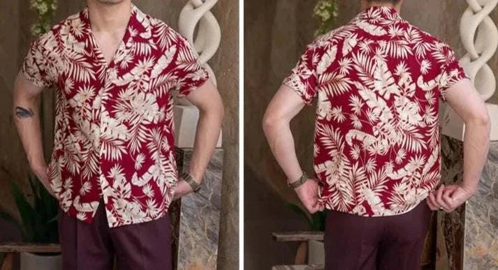 Men's vintage Hawaiian flower shirt, casual style, breathable polyester fabric, red and white floral print.