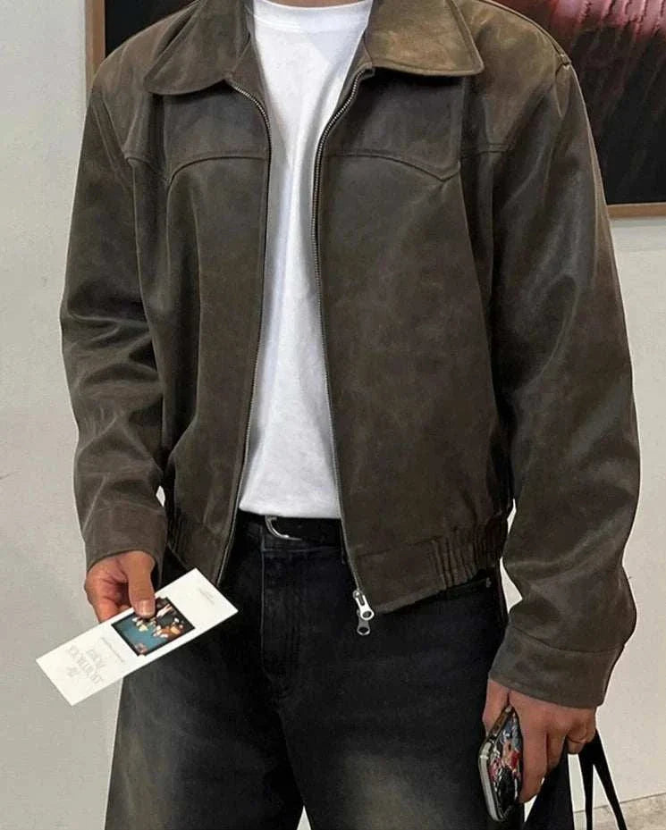 Autumn vintage PU leather jacket for men, stylish and durable for all seasons.