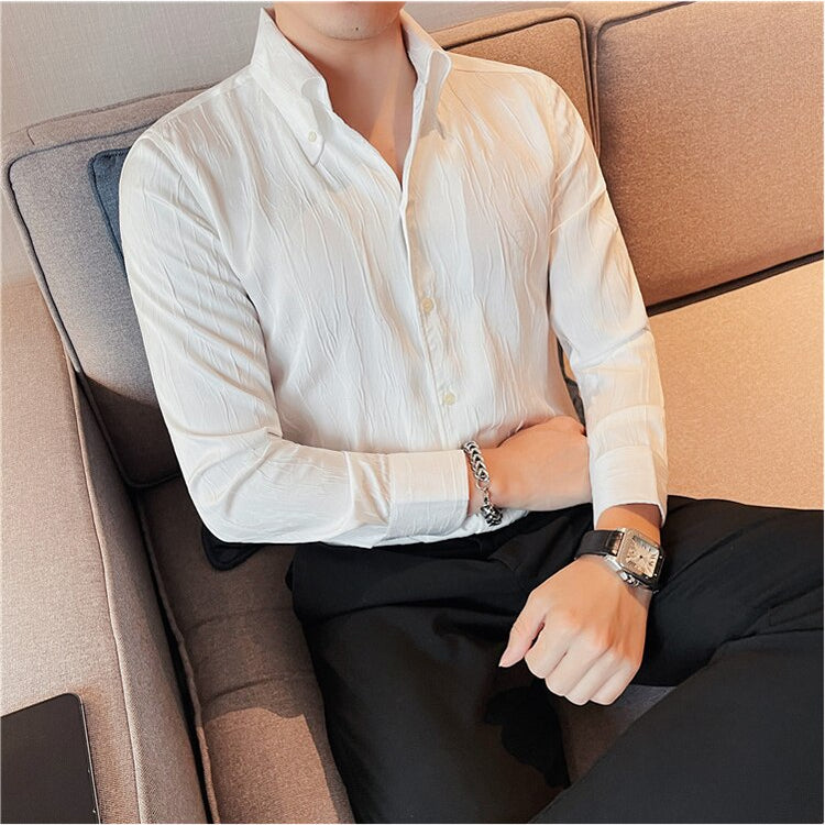 LUXE Long-Sleeve Shirt in white, featuring a solid pattern and smart casual style, made from a cotton and polyester blend for men's fashion.