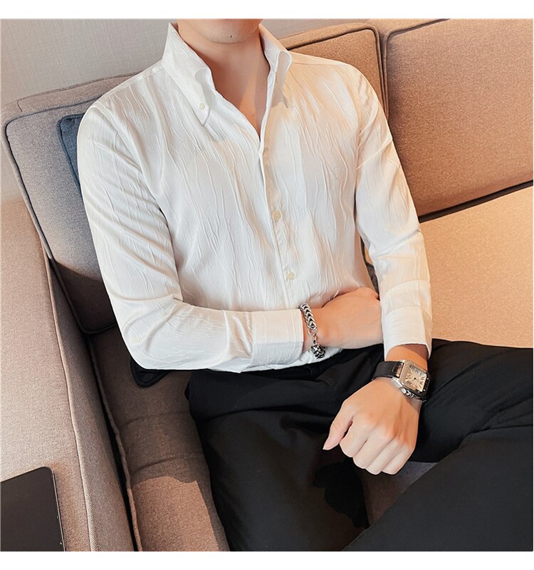 LUXE Long-Sleeve Shirt in white, featuring a solid pattern and smart casual style, made from a cotton and polyester blend for men's fashion.