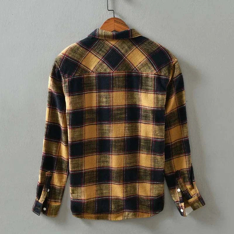 Korean plaid long-sleeve shirt in yellow and black, perfect for spring and summer.