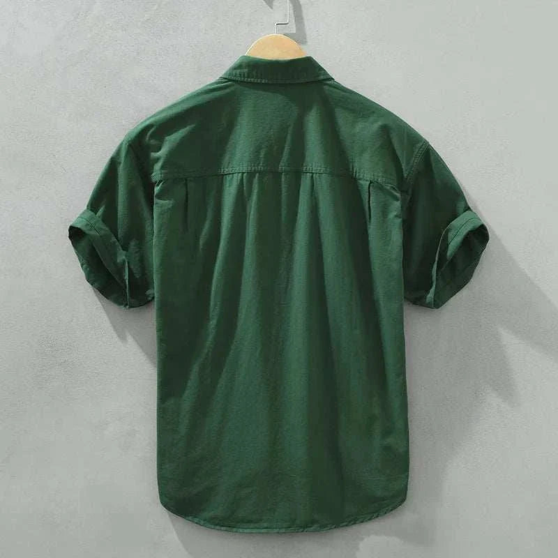 Japanese loose short sleeve summer shirt in solid green cotton for men