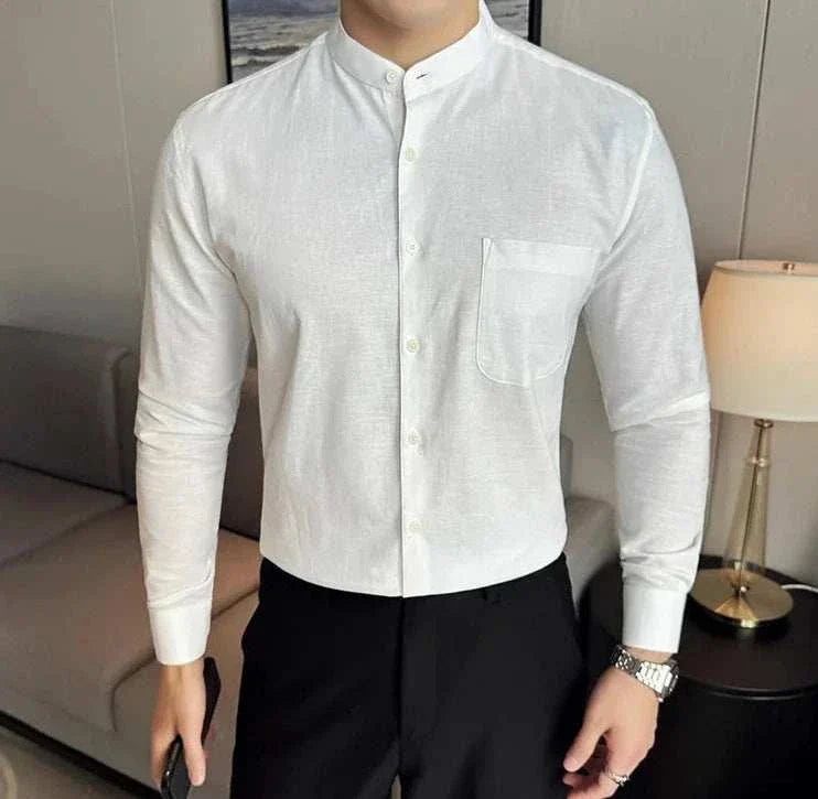 Linen smart casual long-sleeve shirt in white for men, perfect for spring/summer office or casual wear.