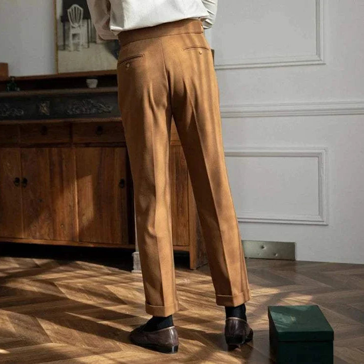 Autumn/Winter retro Italian trousers, solid pattern, cozy polyester-cotton blend, elegant brown design.