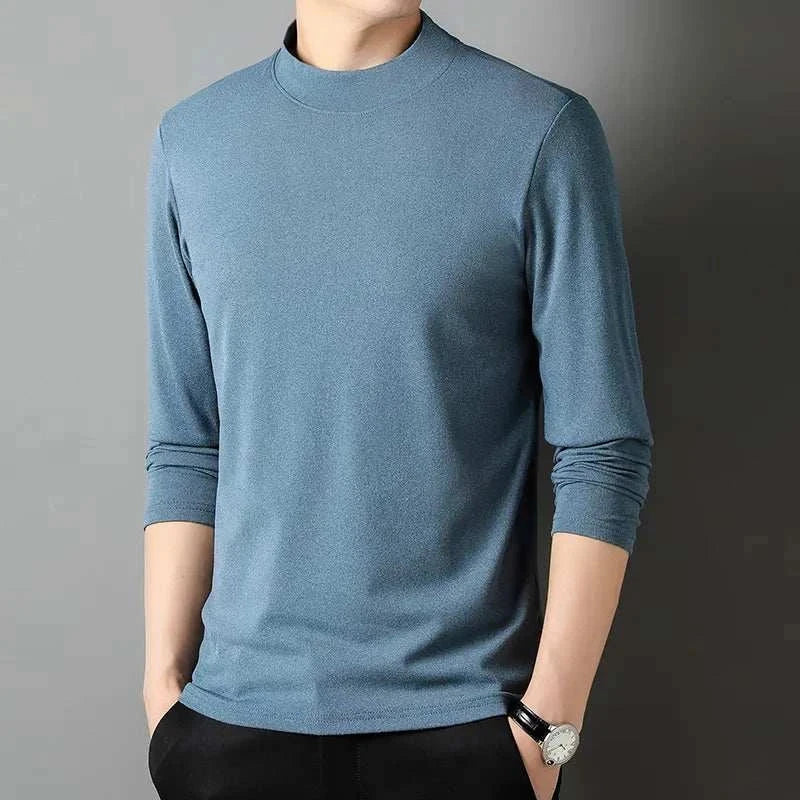 Classic blue turtleneck sweater, men's casual style, solid pattern.