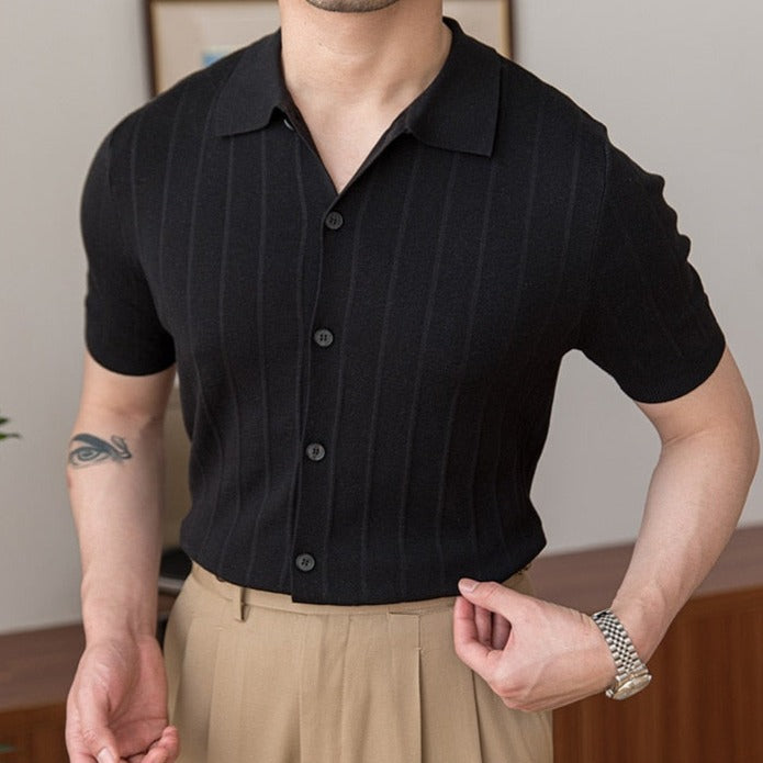ANK Striped T-Shirt in black with classic collar, crafted from soft cotton for a comfortable and stylish fit.