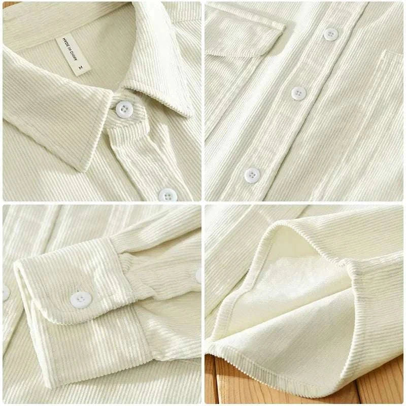 Cotton corduroy spring shirt detail view showcasing texture and buttons.