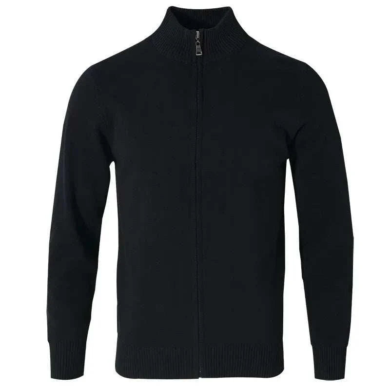 Cold season casual cardigan, black, cotton, men's comfortable fit.
