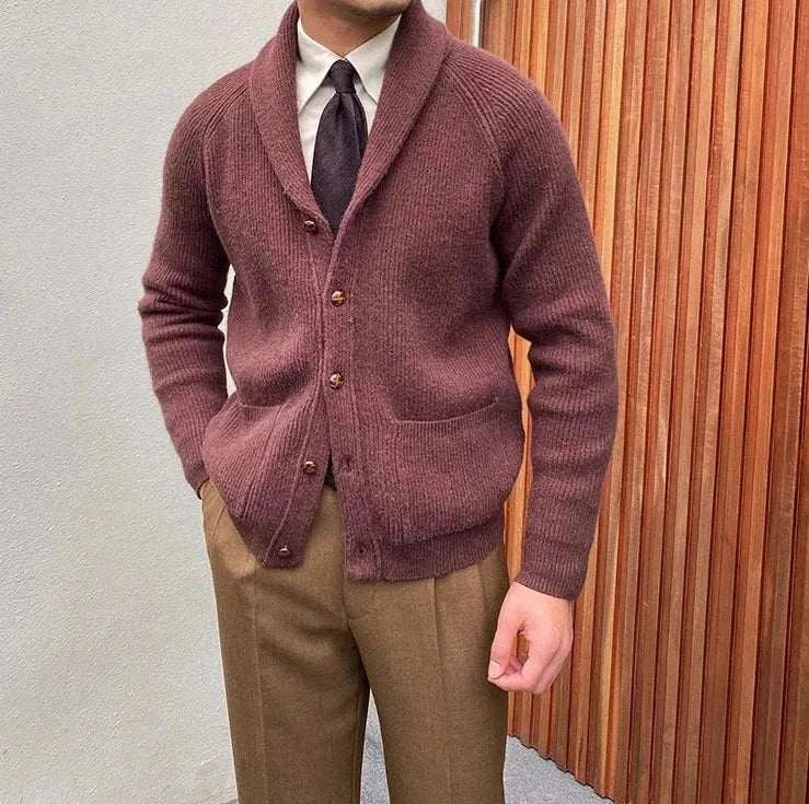 Oxford premium cardigan in brown, men's casual wear, stylish and lightweight for autumn.