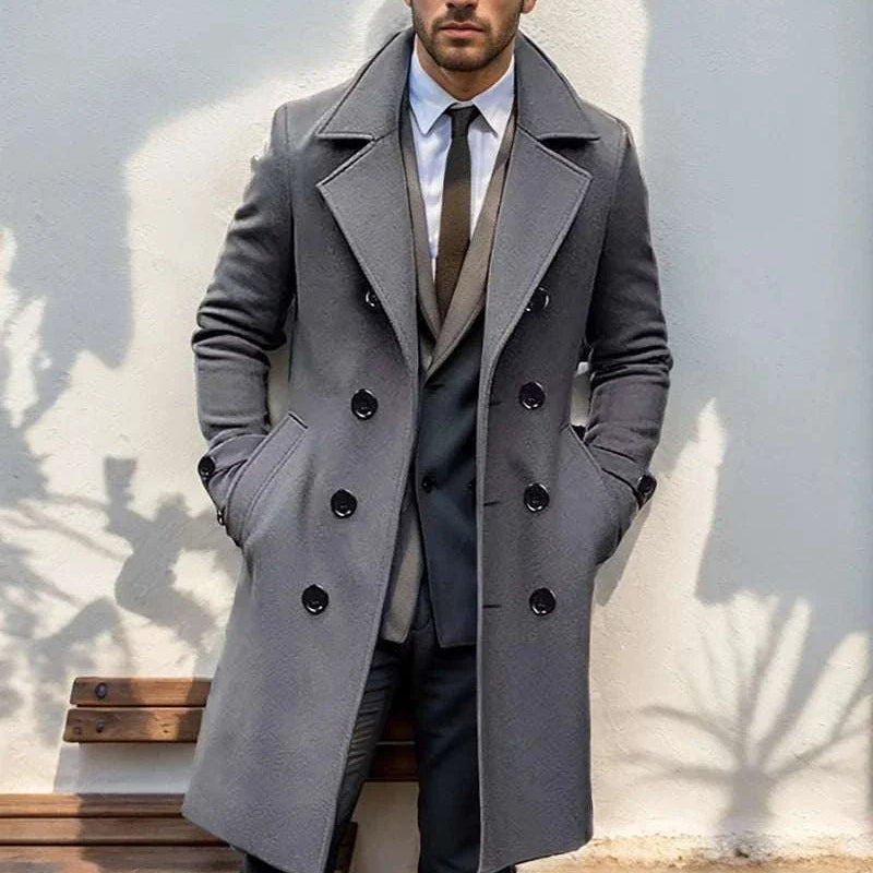 Men's casual British long coat, grey, stylish autumn/winter outerwear made of polyester.