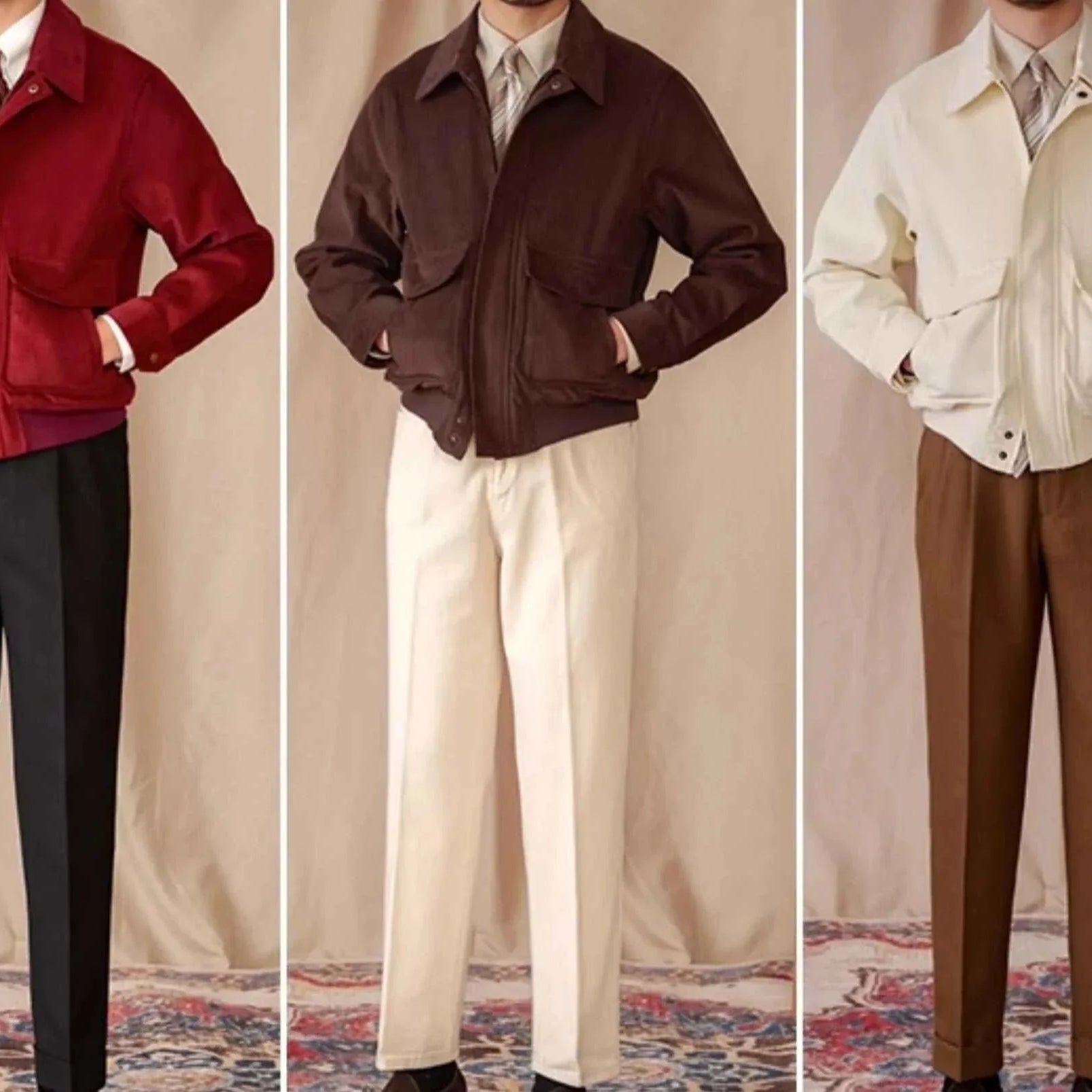 Three men wearing pure cotton bomber jackets in red, brown, and cream colors.