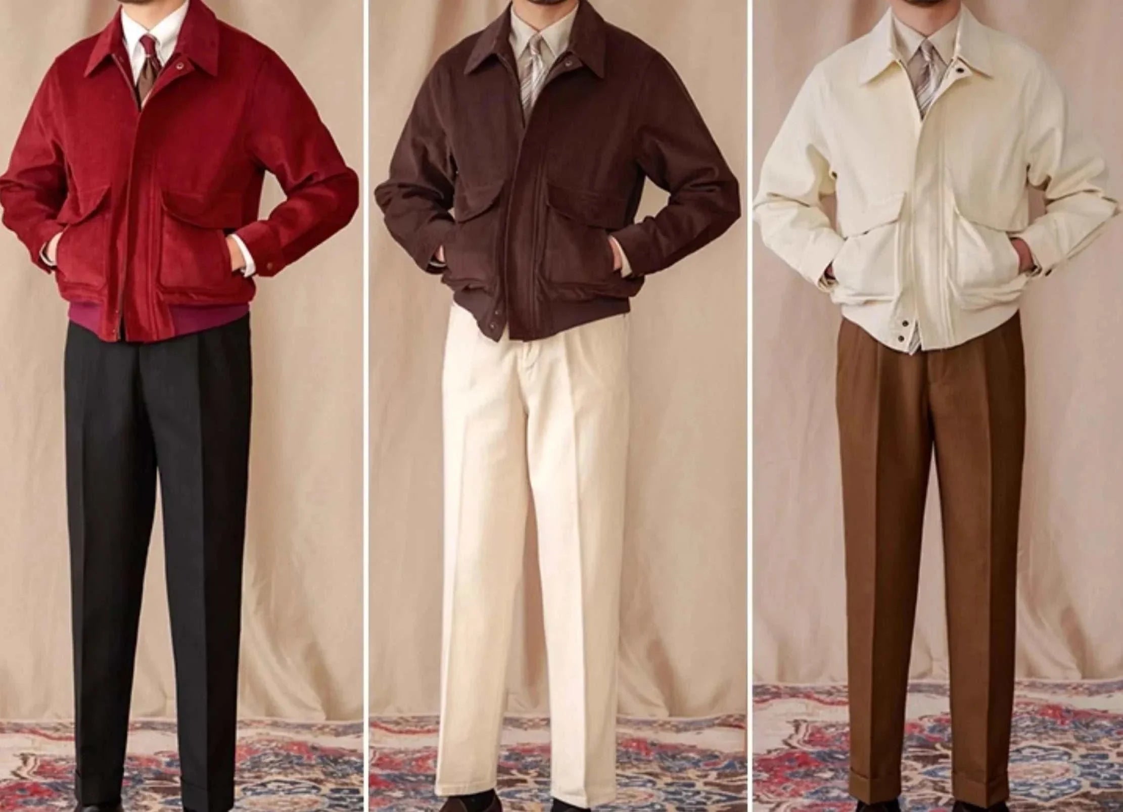 Three men wearing pure cotton bomber jackets in red, brown, and cream colors.