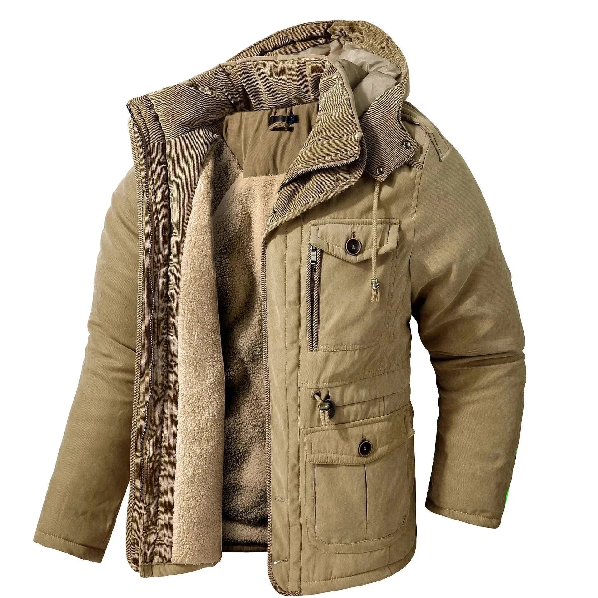 Thick windproof jacket with polyester and cotton blend for men.
