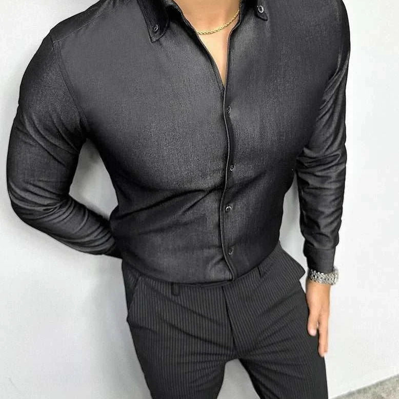 Office outfit suit long sleeve shirt for men, casual elegant style, polyester solid pattern.