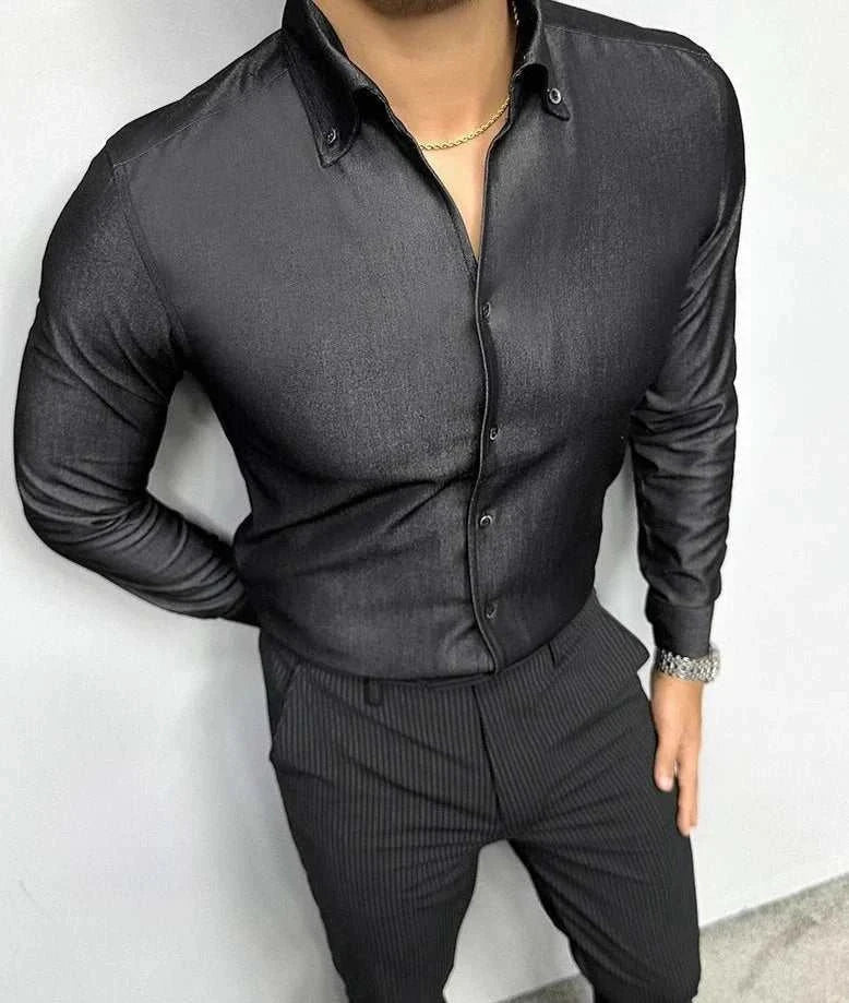 Office outfit suit long sleeve shirt for men, casual elegant style, polyester solid pattern.