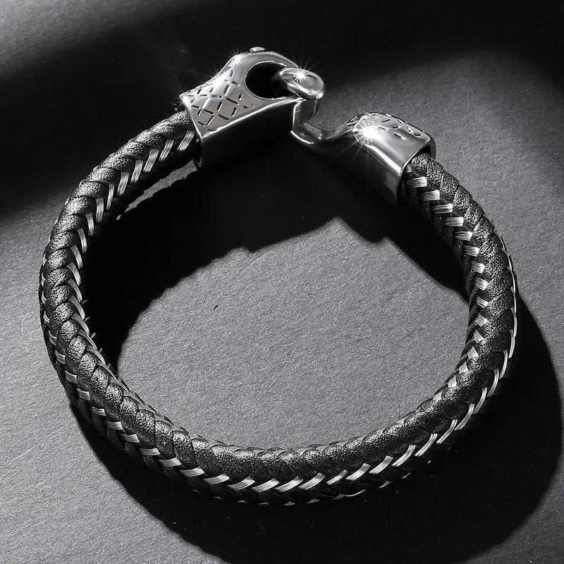 Stylish snake leather bracelet with stainless steel clasp for durability and sleek design.