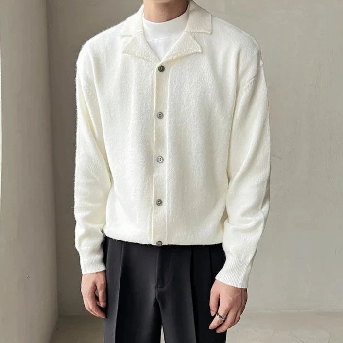 Oxford fall cardigan in white, stylish and warm for autumn and winter layering.