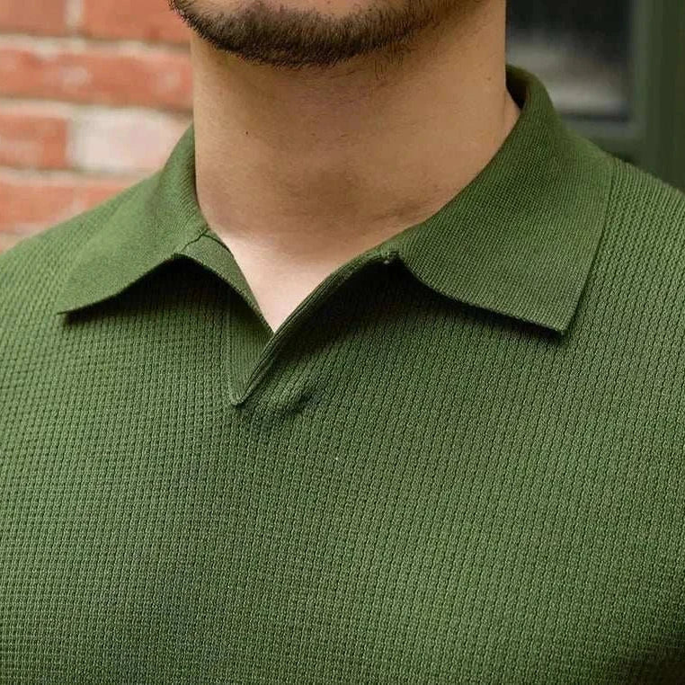 Summer v-neck polo english t-shirt, green, cotton, casual wear, breathable.