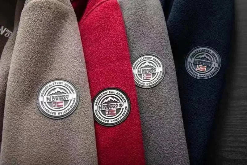 Norway puffer jacket in black, gray, khaki, red, navy colors with logo patch.